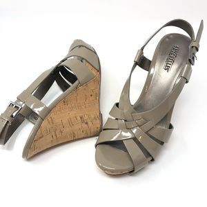 Seychelles Taupe Patent Faux Leather Cork Wedge Sandal